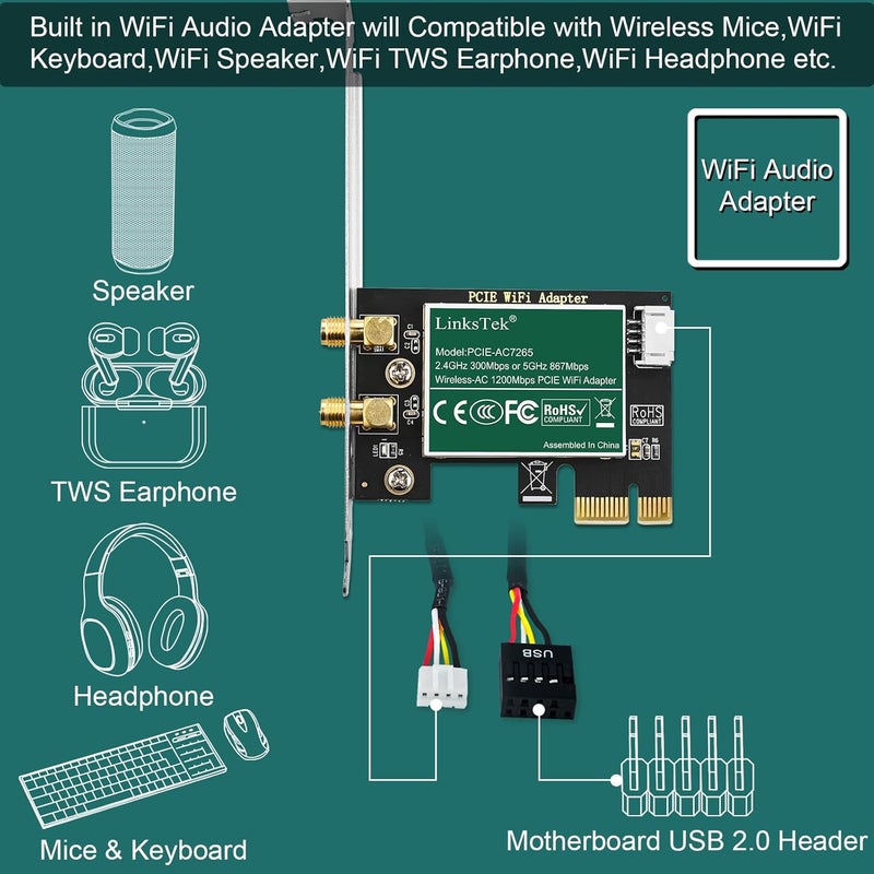 LinksTek Wireless-AC 1200Mbps (2.4GHz 300Mbps and 5GHz 867Mbps) PCIE WiFi Adapter, PCIE WiFi Card, Intel Wireless-AC 7265 Network Adapter for Windows 11,10, 8.x, 7 (32/64bit) Desktop PCs (PCIE-AC7265) - Image 5